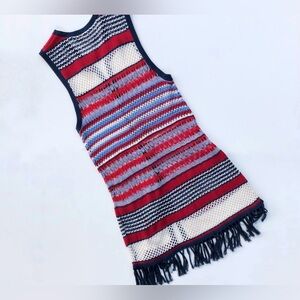 Red White & Blue Crochet Knit Fringe Vest Swimsuit Cover Up NWT L